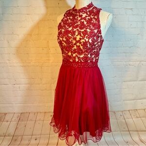 City Triangles Cocktail Dress Deep Red Natural  Gems Lace Shear Halter S M 7